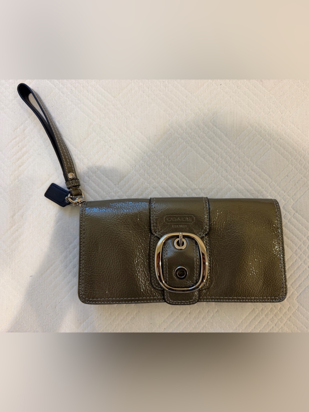 Coach Olive Patent Leather Wristlet with Silver Buckle